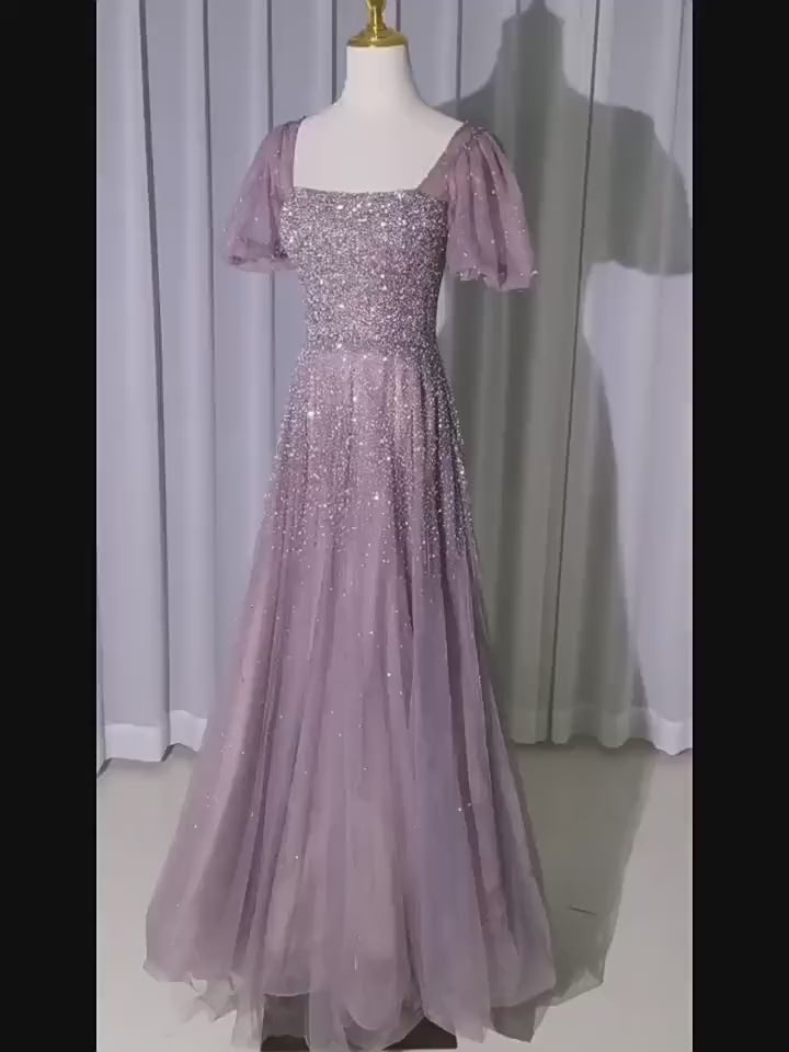 Elegant Pink Beads Evening Dress with Puff Sleeves Square Neck Formal Gown WL162