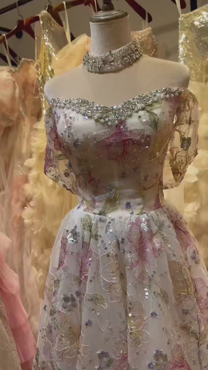 Luxury Floral Embroidered Evening Gown Off-Shoulder WL166