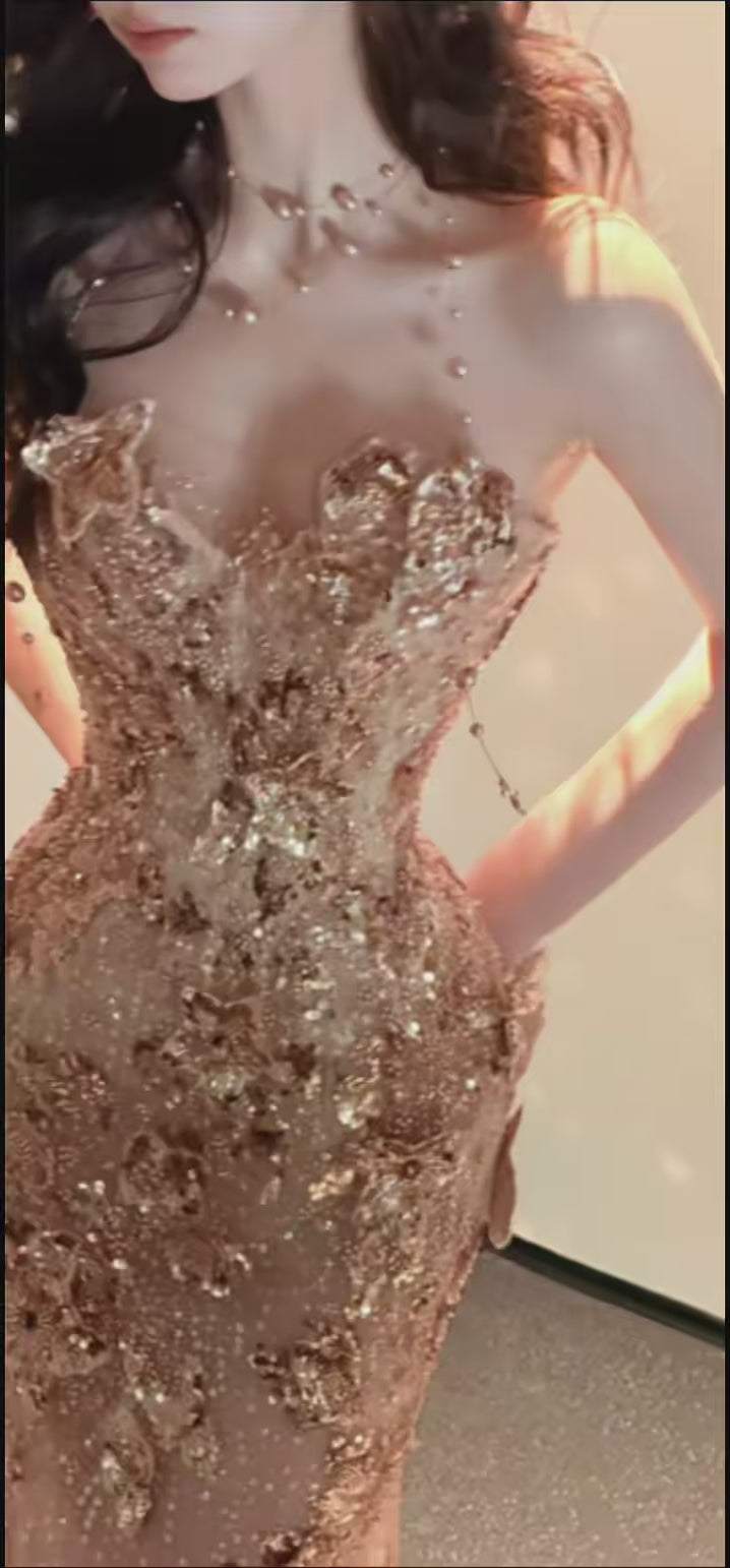 Champagne Gold Mermaid Prom Dress with Crystal Embellishments SL160