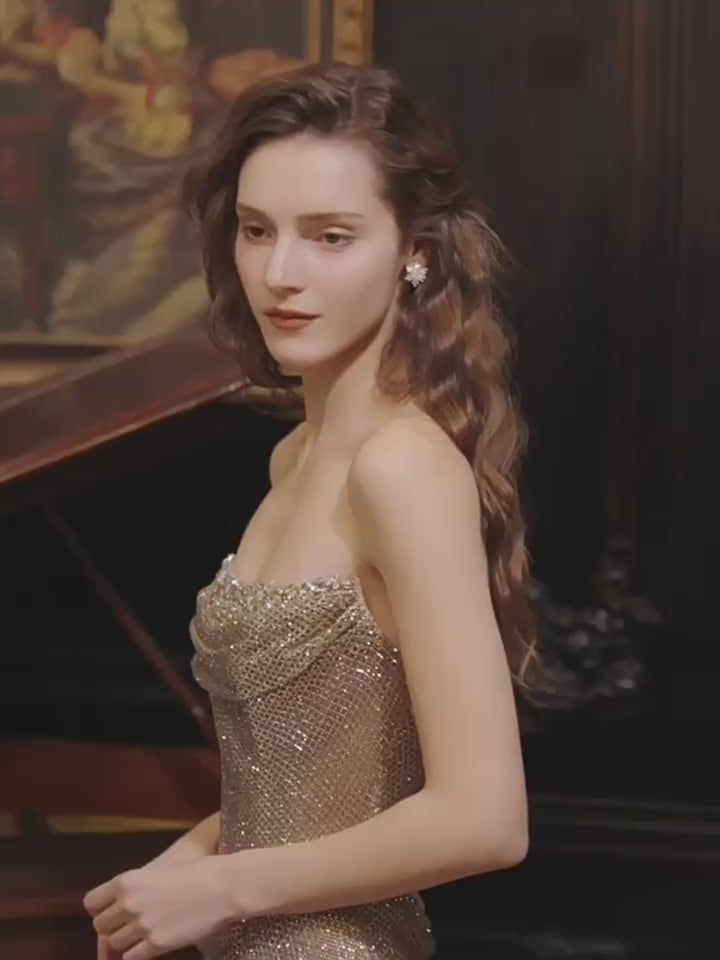 Luxury Champagne Gold Crystal-Embellished with Ruffled Sleeves Mermaid Evening Dress SL209