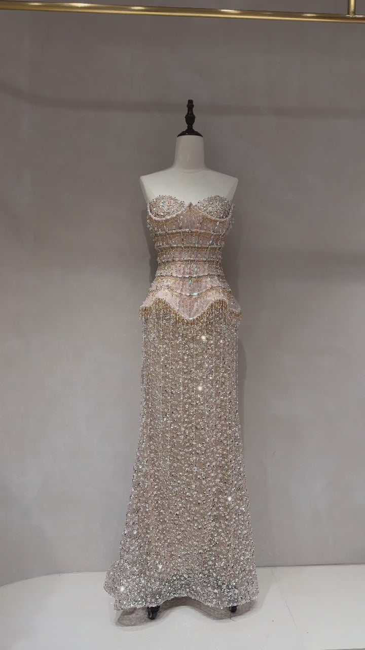 Glamorous Heavy Beaded Peplum Corset Dress with Sheer Beaded Sleeves SL234