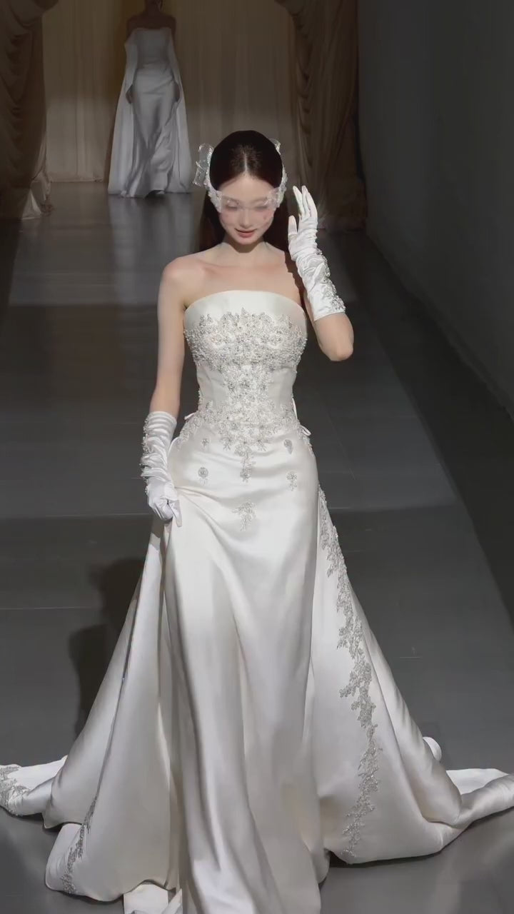 Luxury White Satin Wedding Dress with Long Train  LO210