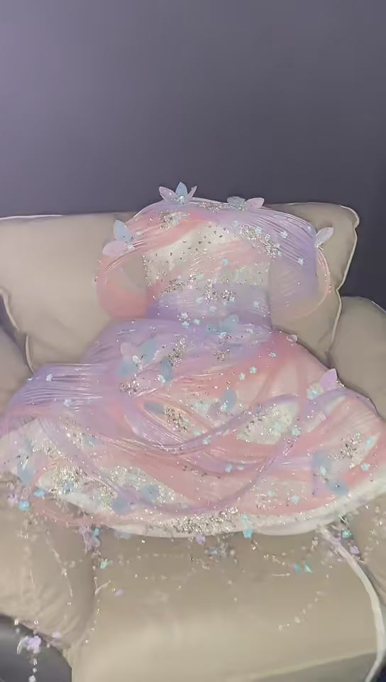 SL238 Lavender Pink Off Shoulder Mini Prom Dress 3D Floral Crystal Princess Dress