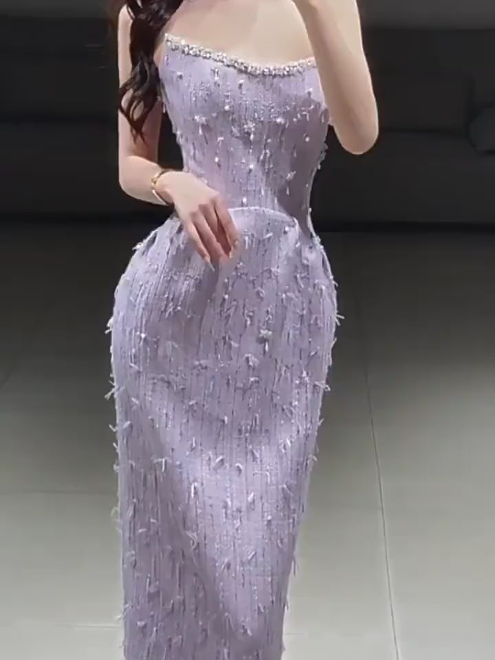 Strapless Beaded Trim Tweed Mermaid Evening Dress E018