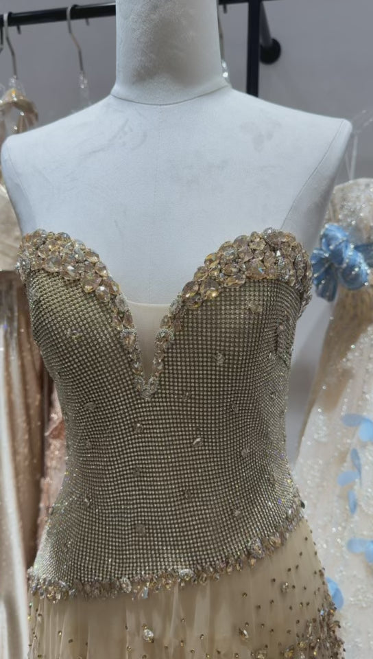 Elegant Gold Crystal Mermaid Evening Dress Sweetheart Neck Formal Gown SL158