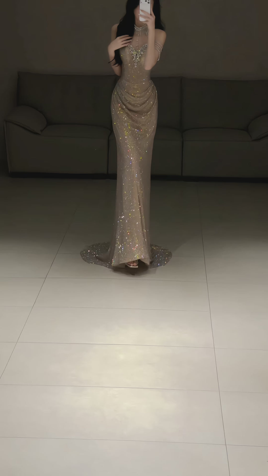 SL247 Champagne Gold Off-Shoulder Mermaid Prom Dress with Crystal Embellishments