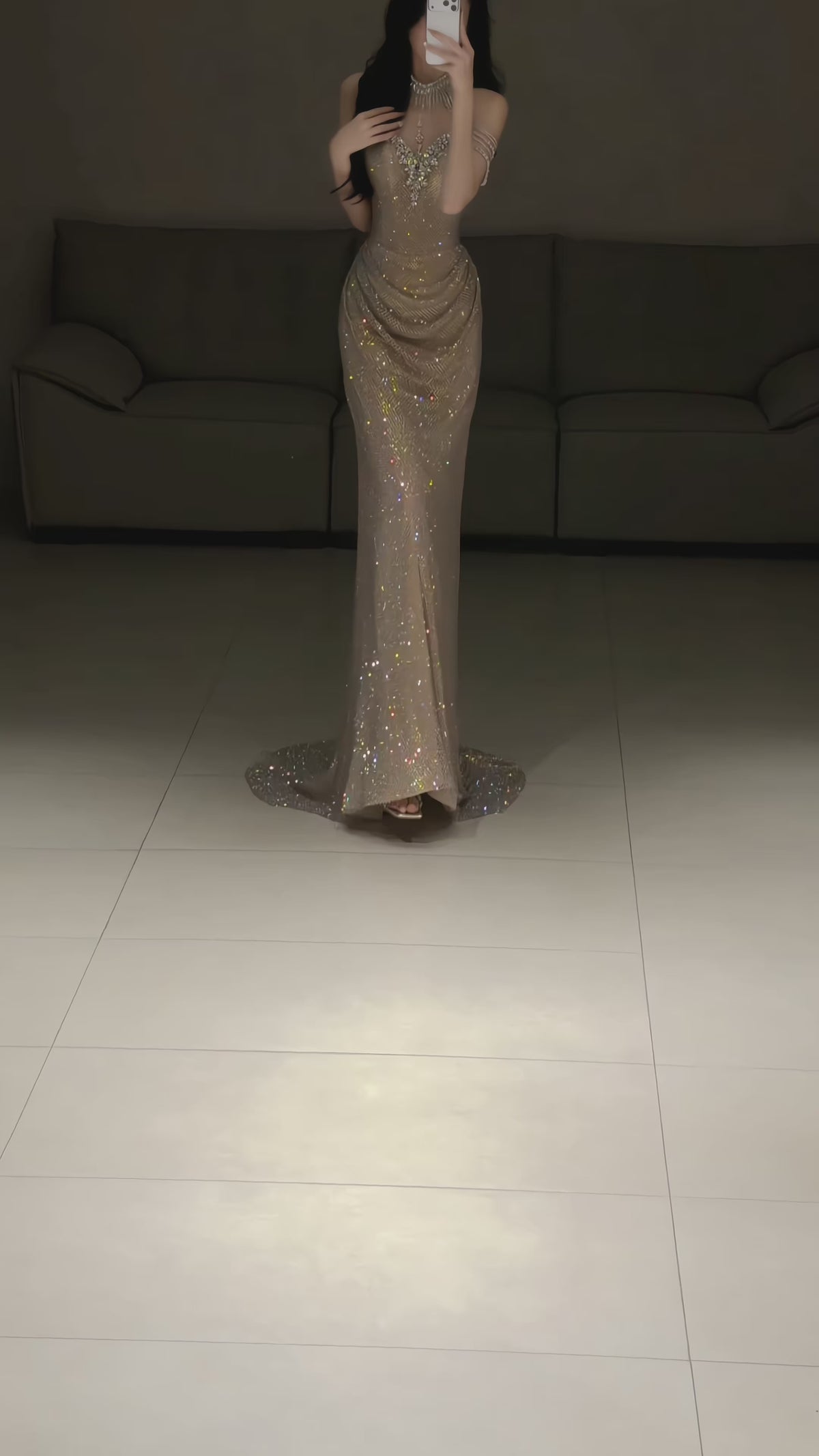 SL247 Champagne Gold Off-Shoulder Mermaid Prom Dress with Crystal Embellishments