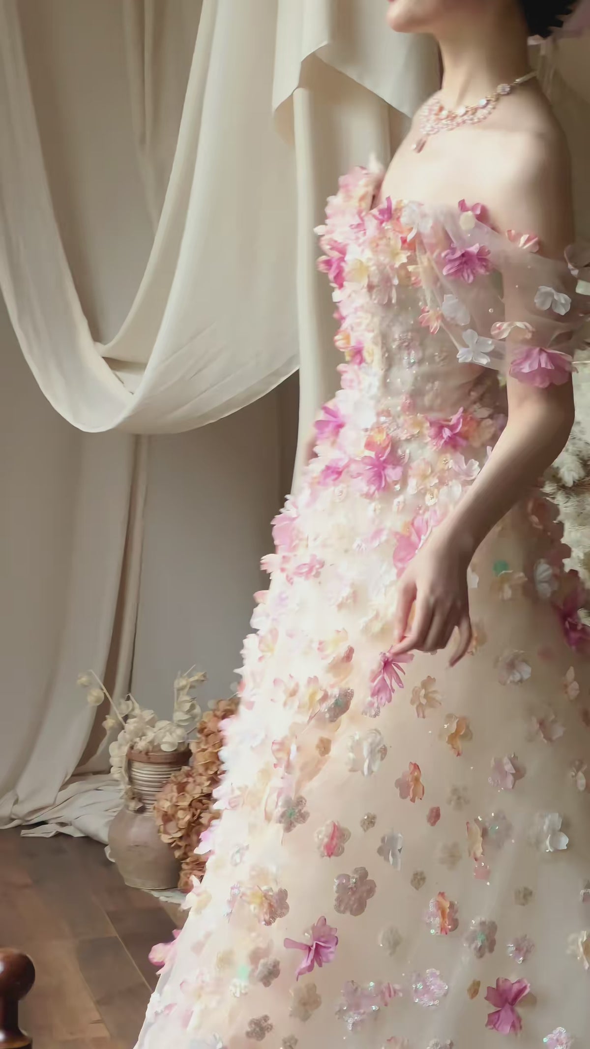 Luxury 3D Floral Ball Gown Romantic Off-Shoulder Princess Prom Dress SL156