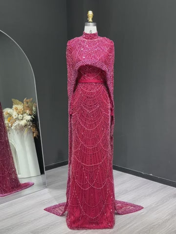 Luxury Wine Red Pearl Beaded Evening Gown with High Neck Cape Overlay SL178