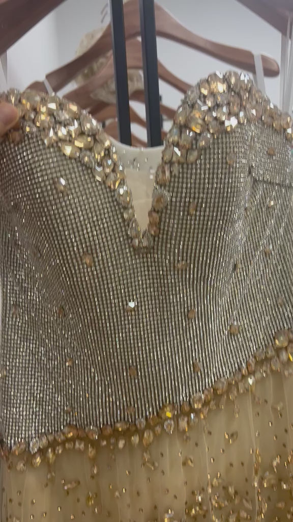 Elegant Gold Crystal Mermaid Evening Dress Sweetheart Neck Formal Gown SL158