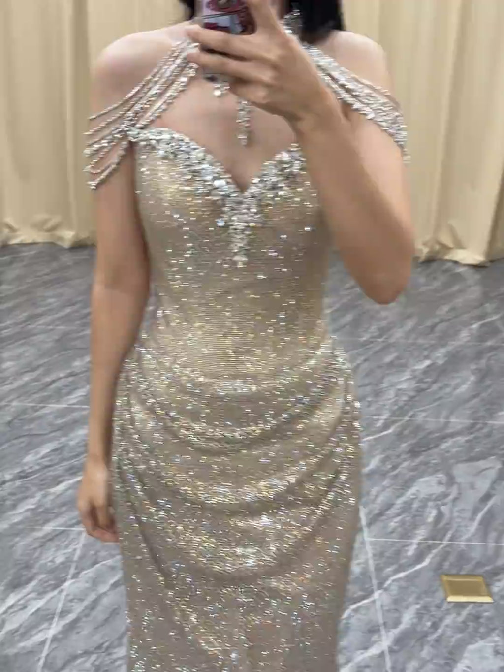 SL247 Champagne Gold Off-Shoulder Mermaid Prom Dress with Crystal Embellishments