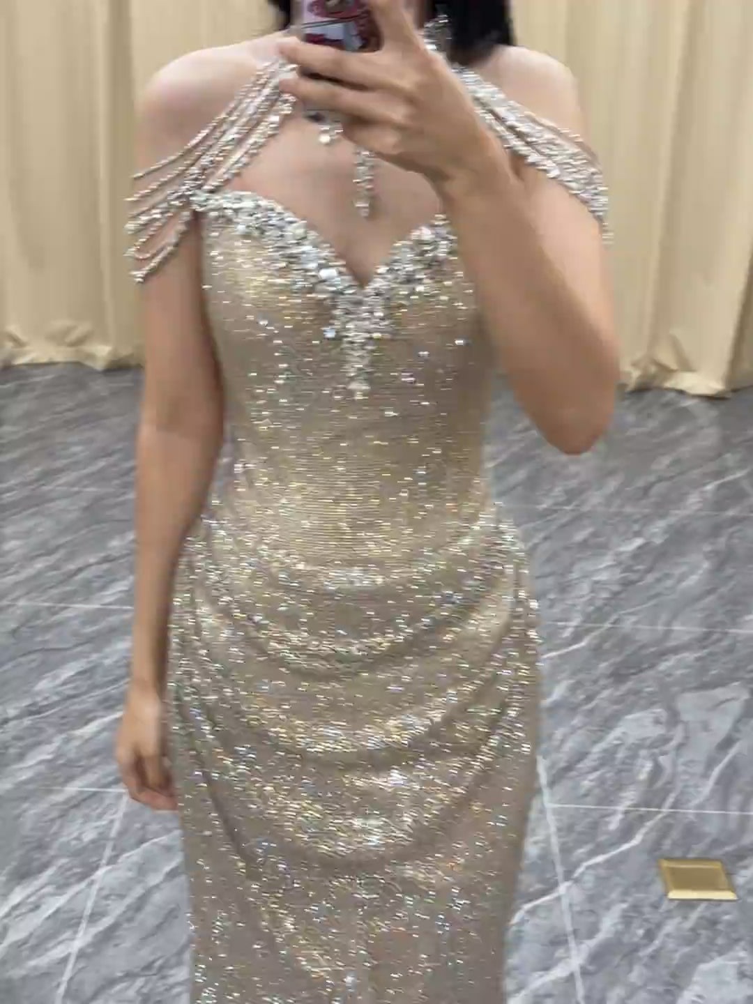 SL247 Champagne Gold Off-Shoulder Mermaid Prom Dress with Crystal Embellishments