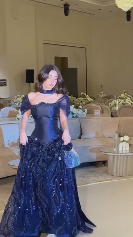 Luxury Off-Shoulder Sequin Evening Gown with Choker Scarf SL174