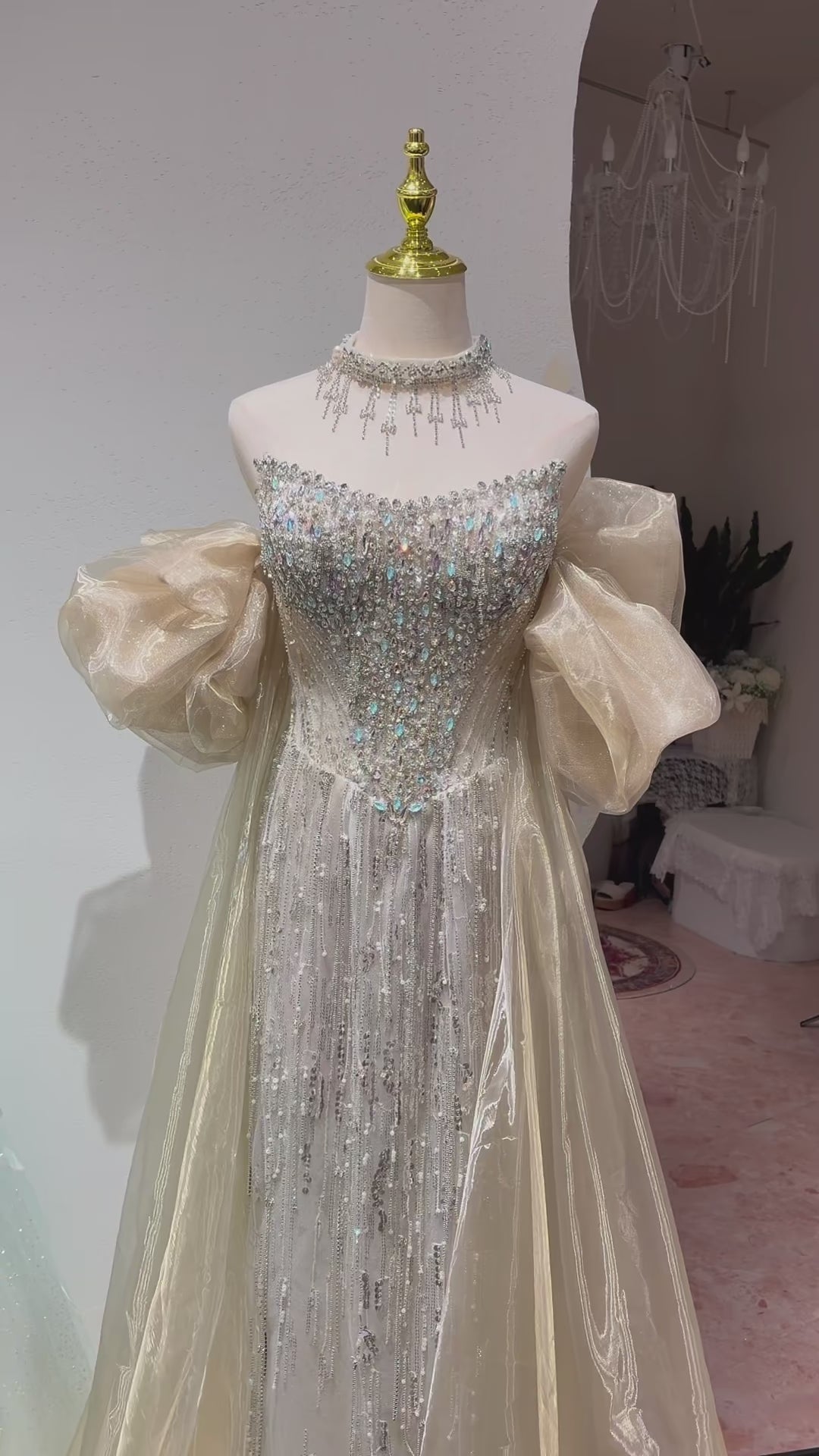 TwinkleGowns SL213 Silver Crystal Beaded Off-Shoulder Evening Gown with Sheer Train