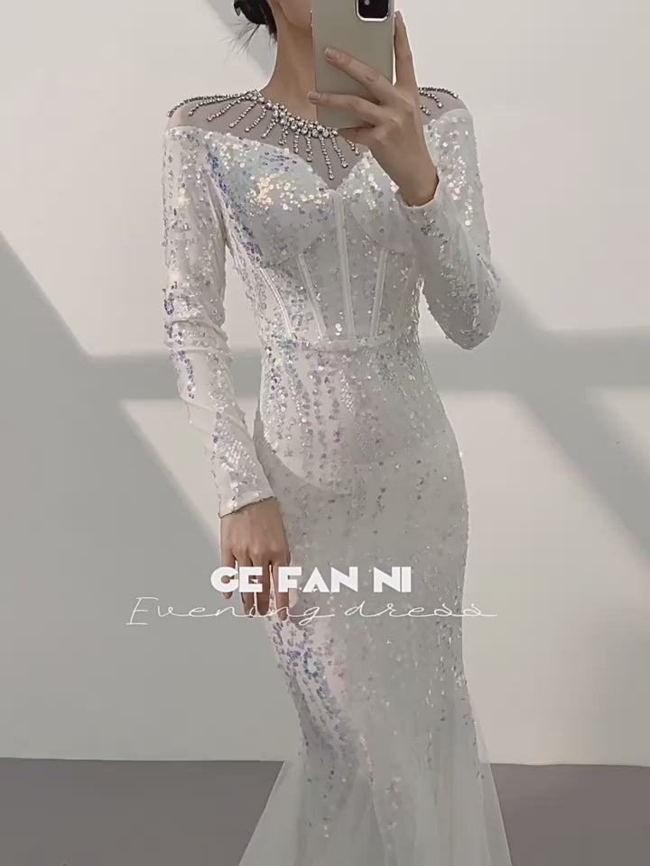 Luxury White Sequin Evening Dress with Illusion Neckline and Long Sleeves SL512