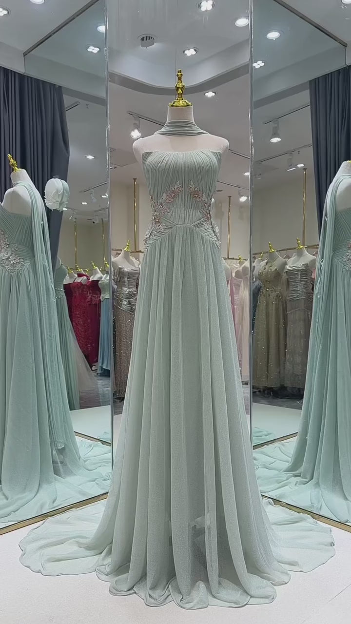 SL222 Sage Green Strapless Floral Appliqué Evening Dress with Flowing Scarves