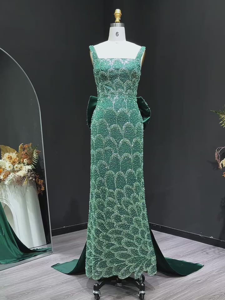 Emerald Green Square Neck Sheath Evening Dress with Bow Train YL131