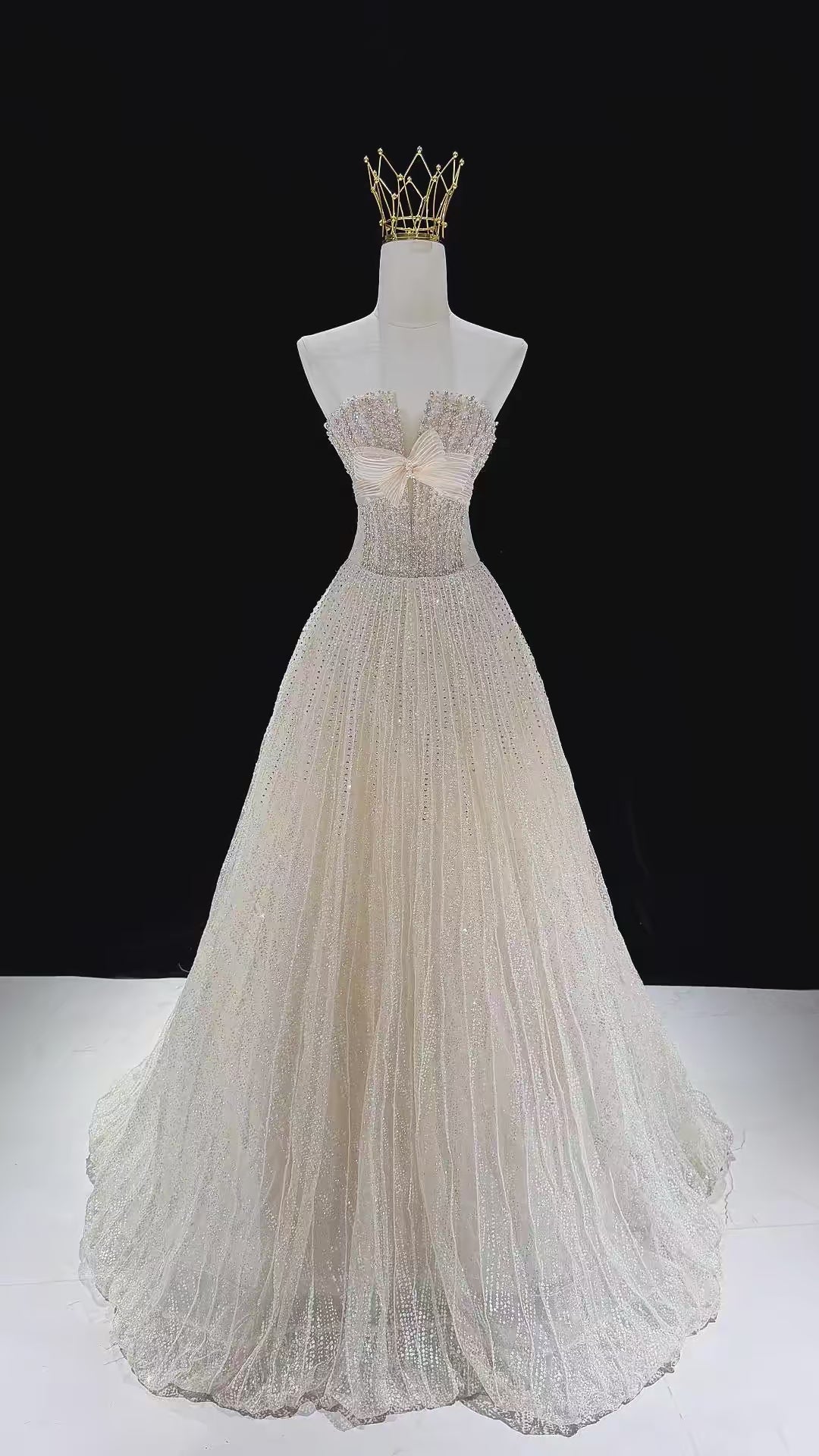 Champagne Glitter Bow Sweetheart Sparkle Ball Gown Evening Dress SL230