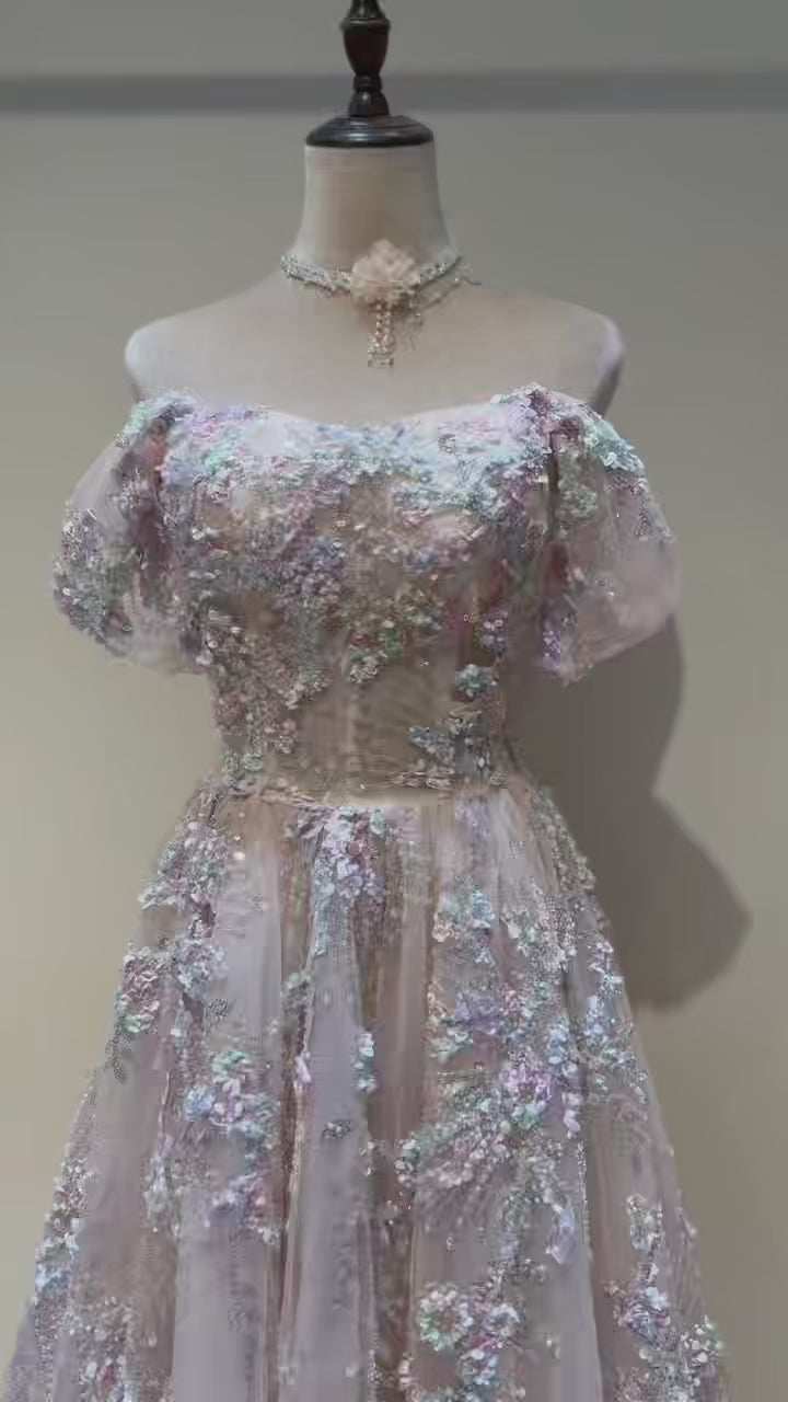 Luxury off shoulder evening gown with hand-beaded 3D floral appliqués embroidery WL164