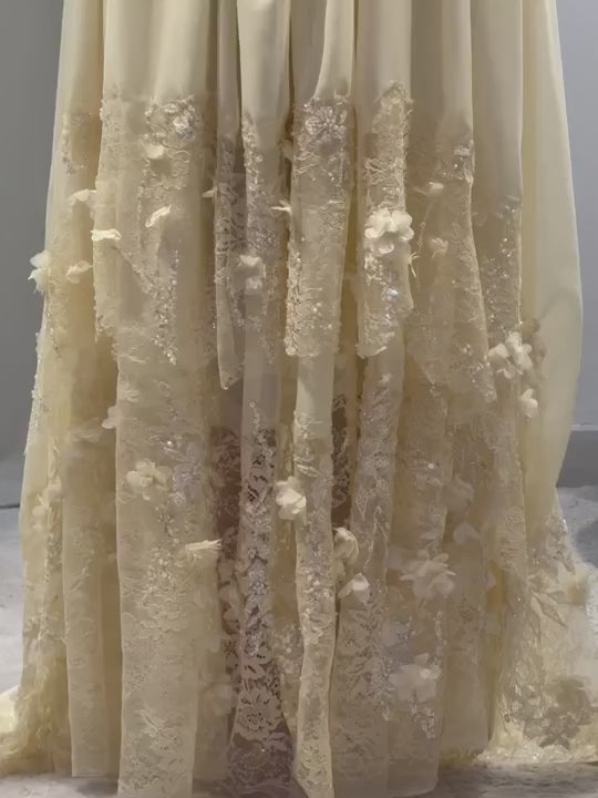 Luxury Light Yellow Strapless Evening Gown with 3D Floral Appliqués YL139