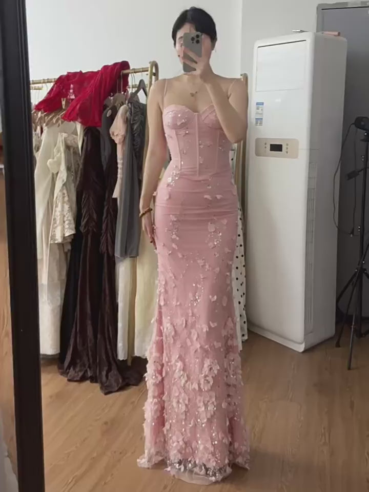 Luxury Blush Pink Sequin 3D Floral Corset Gown DN123
