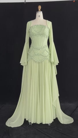 Blue Strapless Beaded Corset Gown with Sheer Cape Sleeves SL188