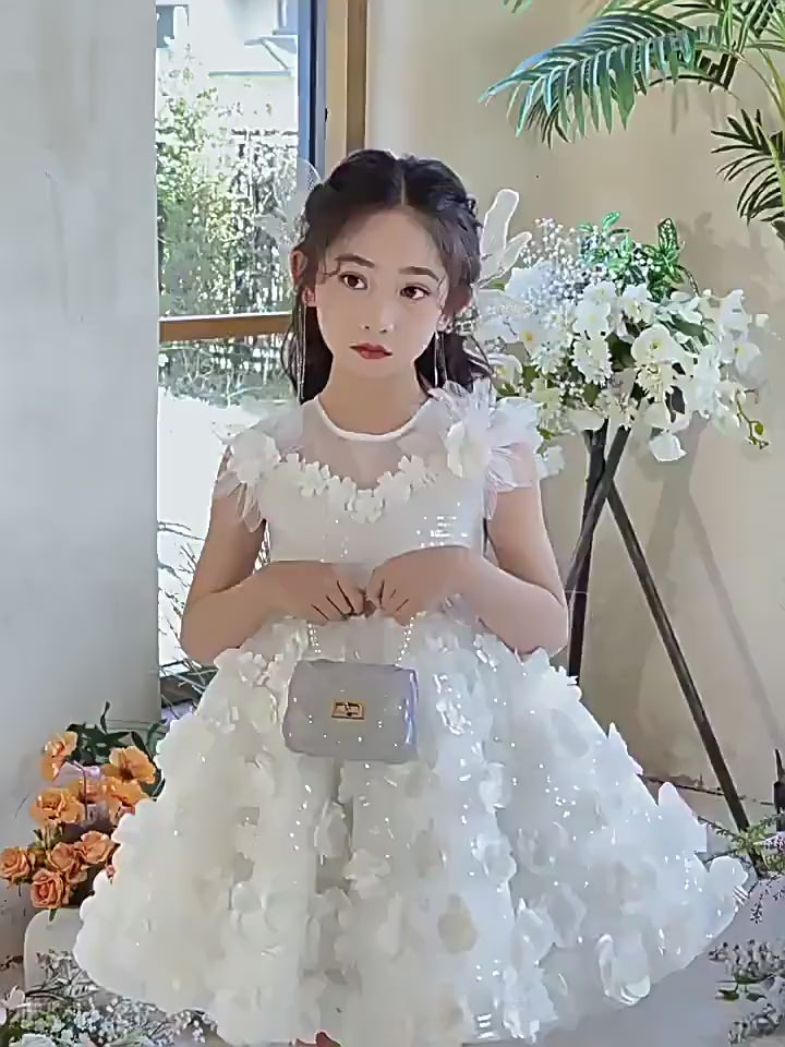 3D Floral White Tulle Flower Girl Dress for Wedding L002