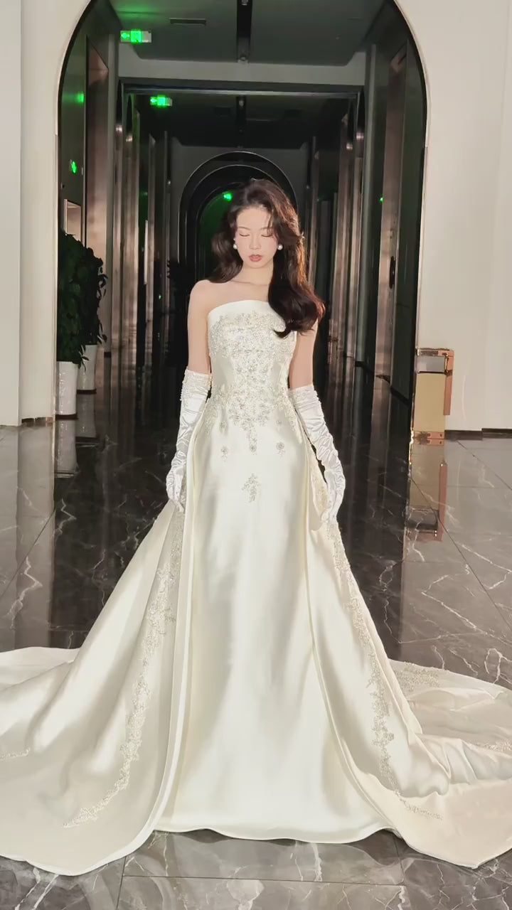 Luxury White Satin Wedding Dress with Overskirt LO210