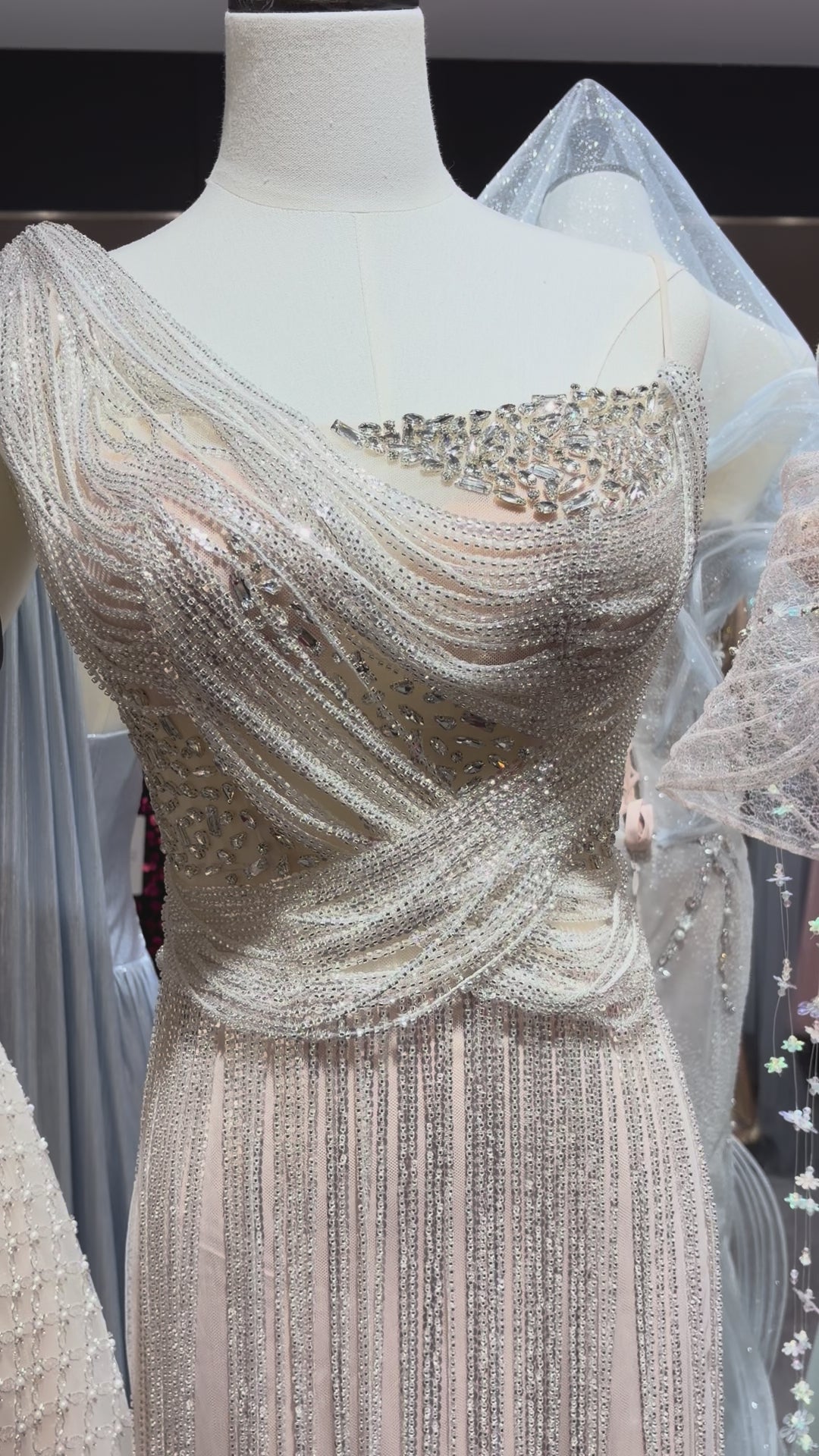 SL248 Silver One Shoulder Beaded Fringe Evening Dress with Rhinestones