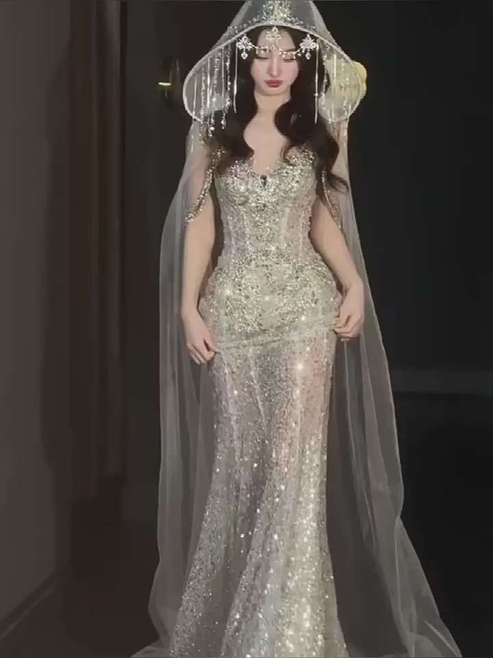 Twinklegowns Luxury Crystal Beaded Mermaid Wedding Dress with Hooded Veil SL148