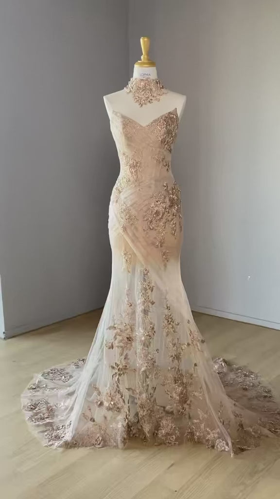 Romantic Gold Evening Dress with Dramatic Tulle Overskir SL142
