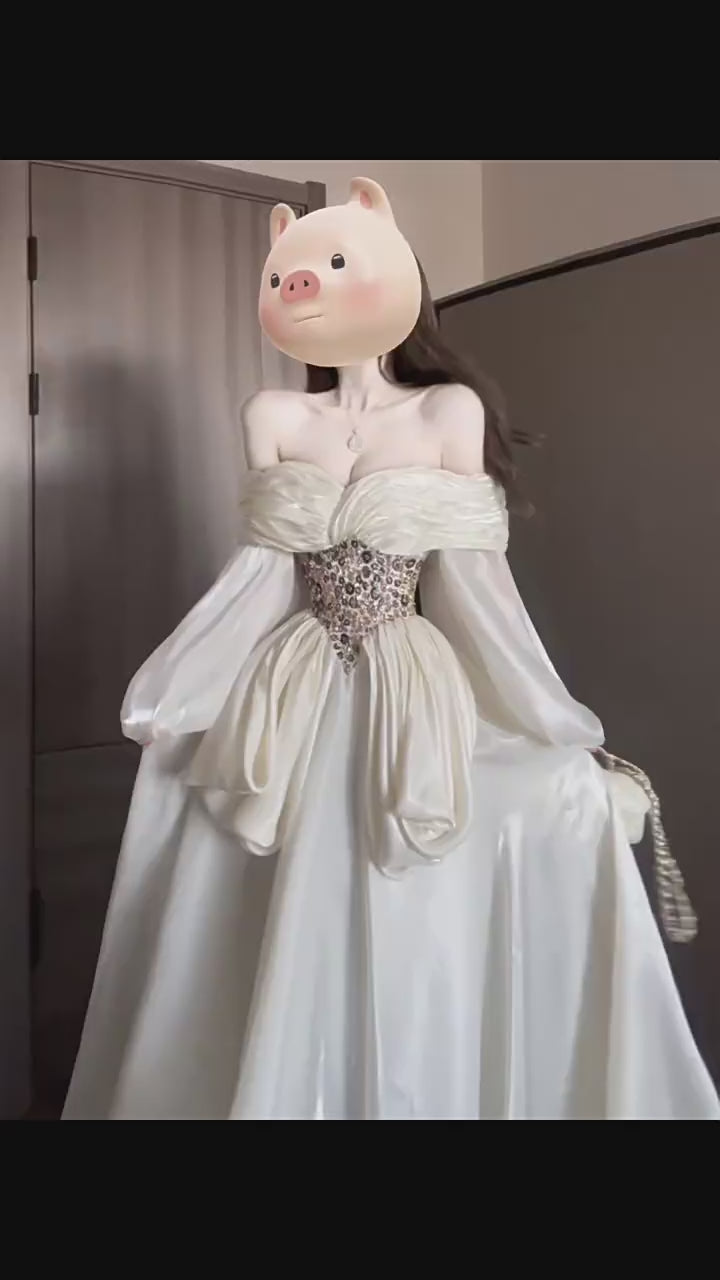 Luxurious Beaded Waist Cinching Satin Dress With Draped Strapless Bodice Y121