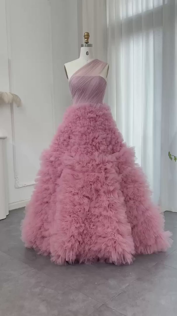 Elegant Rose Pink One-Shoulder Ruffled A-Line Formal Evening Gown YL140