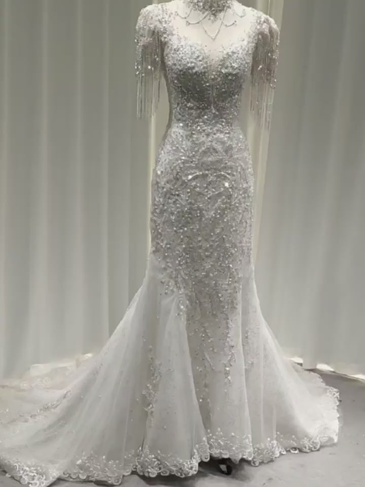 Twinklegowns Luxury Beaded Mermaid Wedding Dress with Crystal Fringe Sleeves SL150