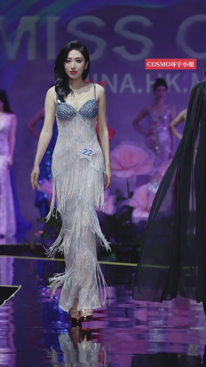 Silver Blue Beaded Spaghetti Strap Column Evening Gown with Crystal Fringe YL130