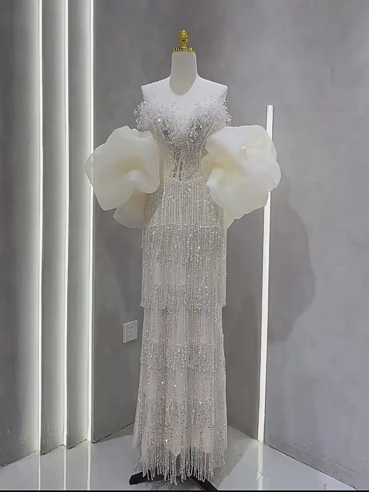 Luxury Sequin Beaded Evening Gown with Dramatic Organza Sleeves SL205