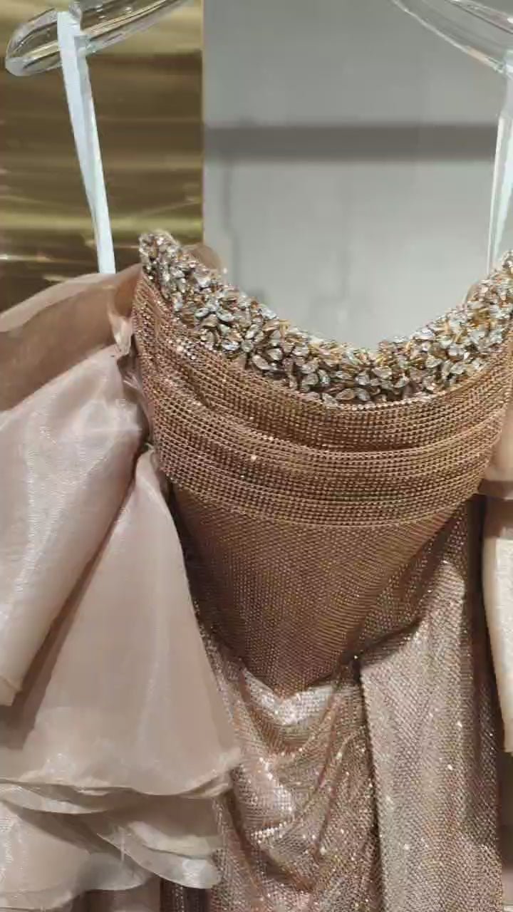 Luxury Champagne Gold Crystal-Embellished with Ruffled Sleeves Mermaid Evening Dress SL209