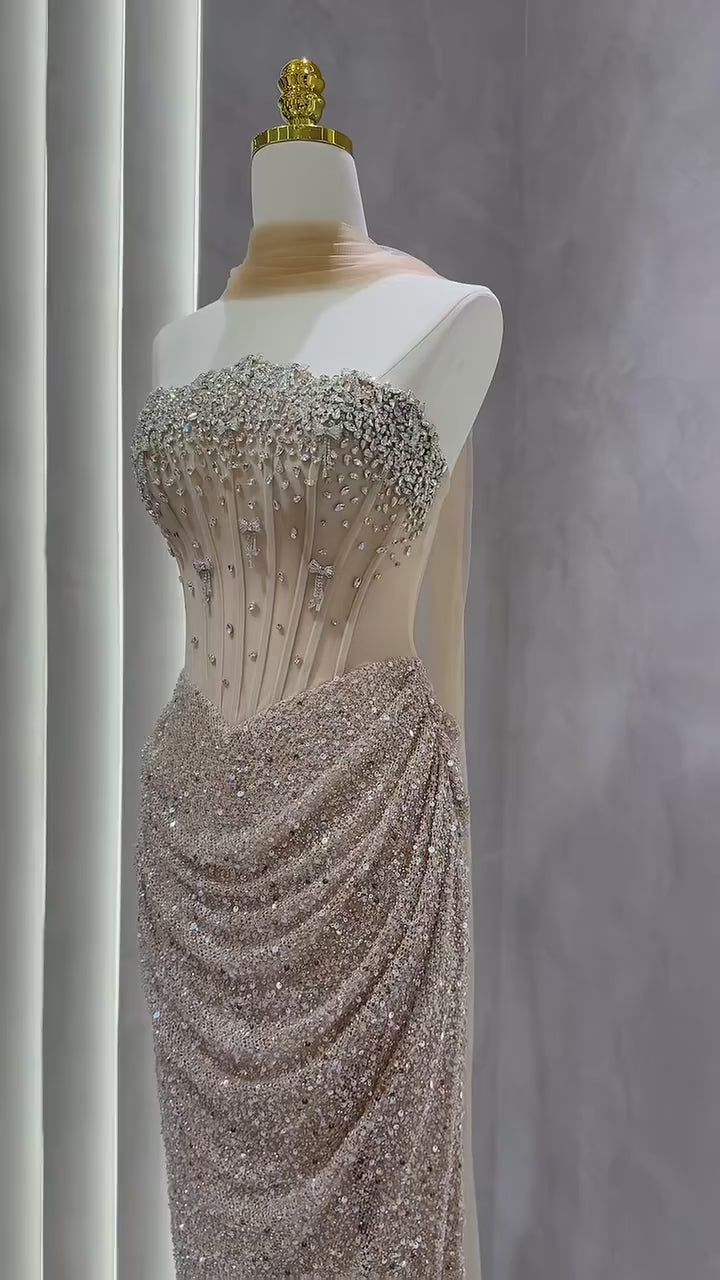 Luxurious Strapless Beaded Crystal Embellished Corset Evening Gown SL210