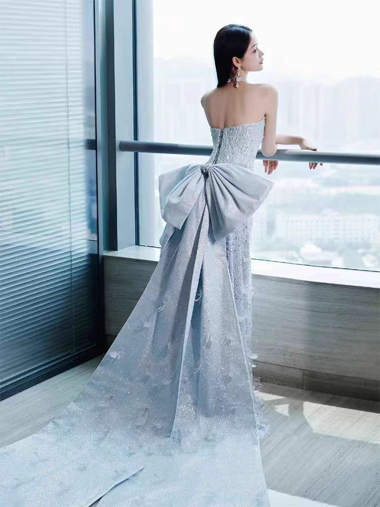 Glamorous Sequined Silver Strapless Bow-Back Evening Dress