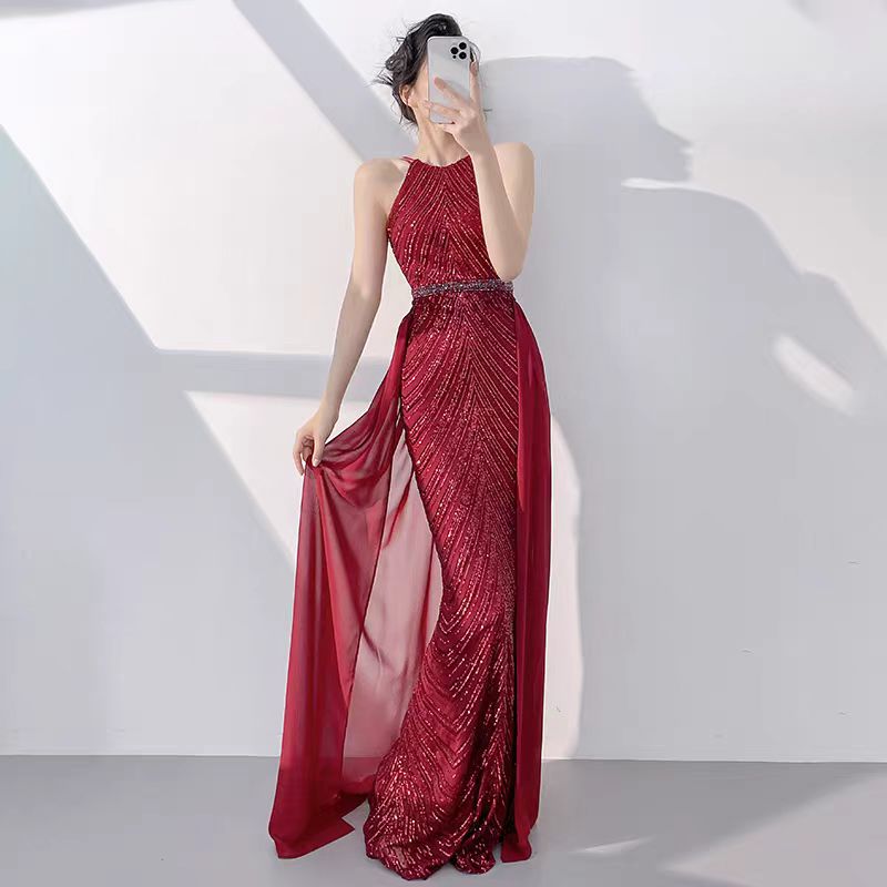 Sleek Black Sequined Halter Neck Mermaid Evening Dress