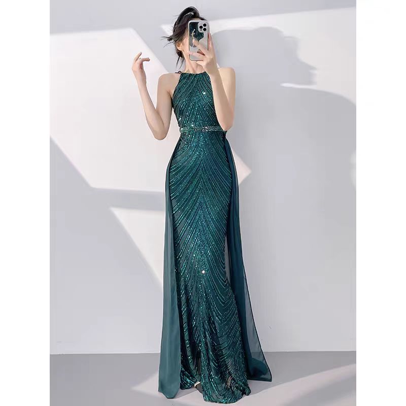 Sleek Black Sequined Halter Neck Mermaid Evening Dress