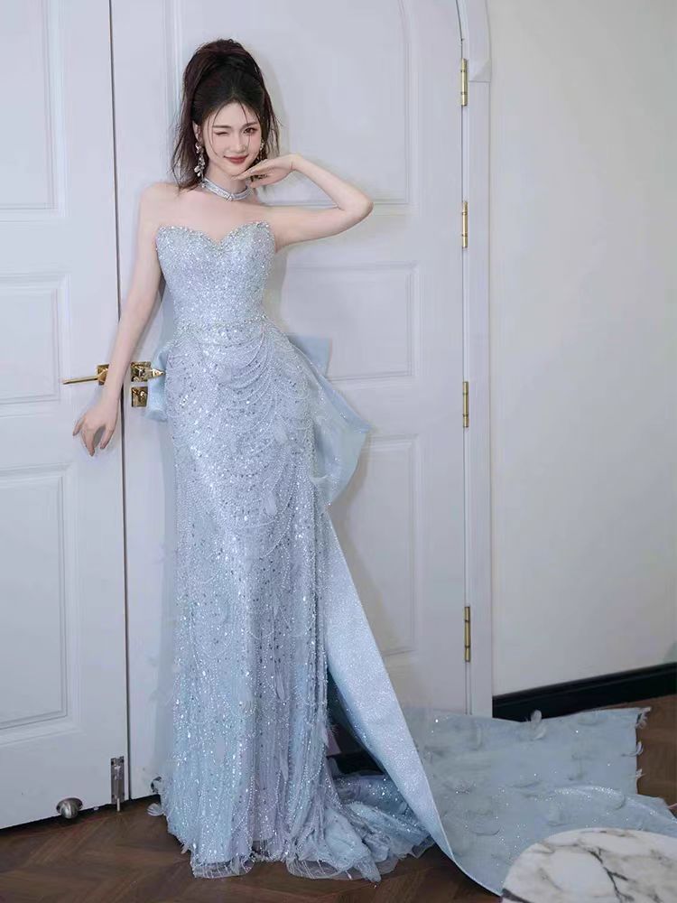 Glamorous Sequined Silver Strapless Bow-Back Evening Dress
