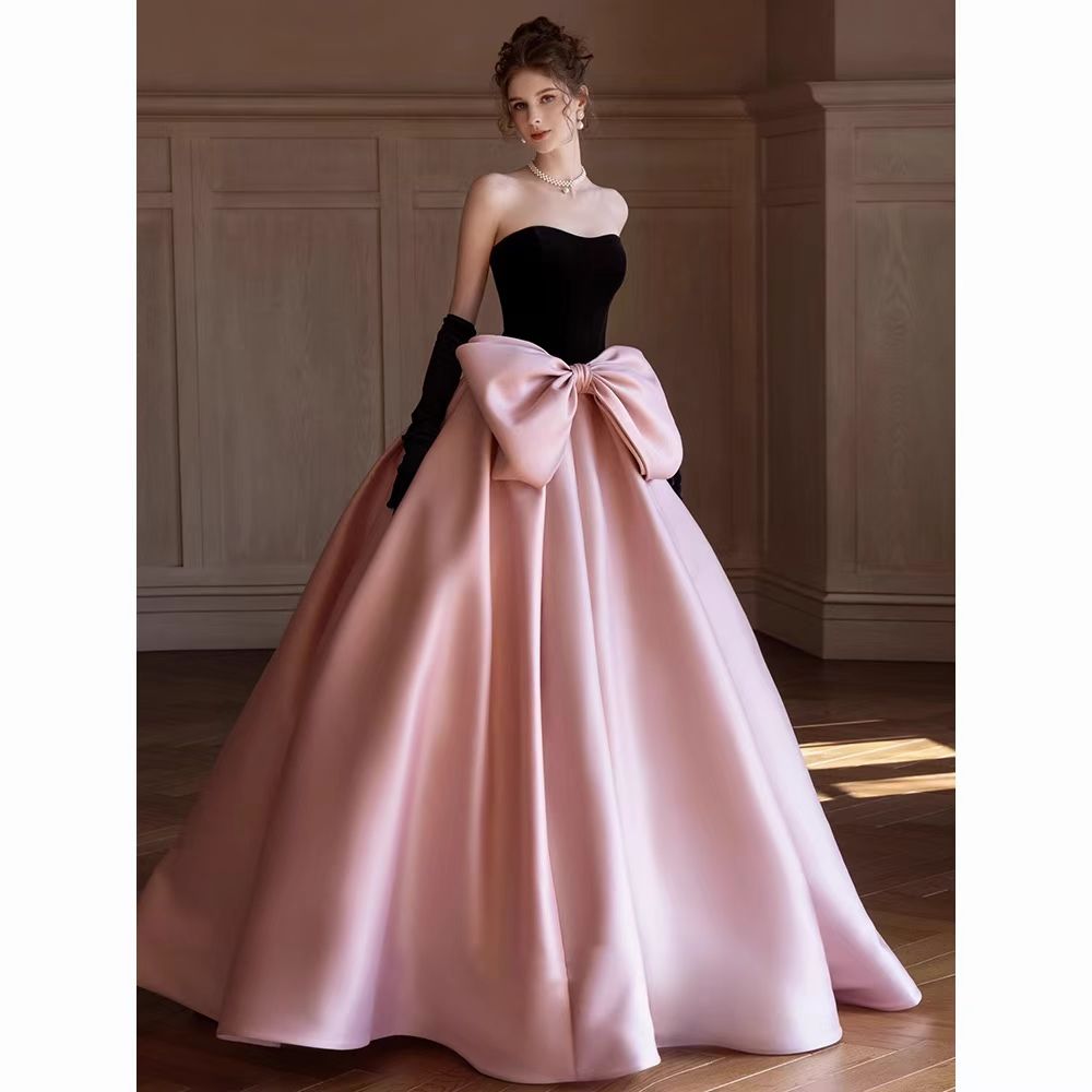 Stunning Black-and-Pink Strapless Bow-Detail Evening Dress