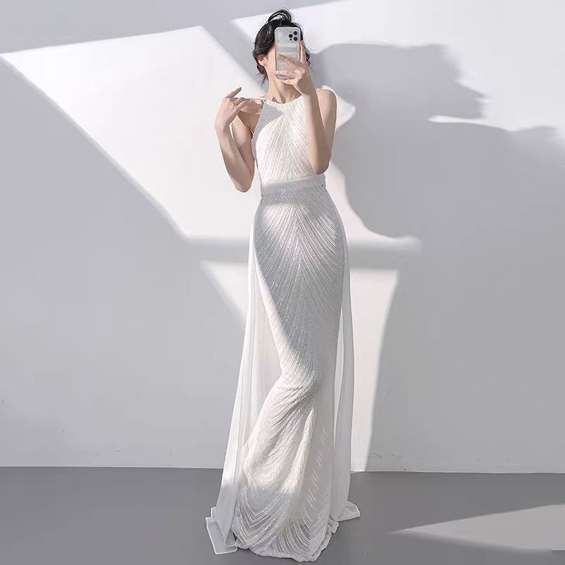 Sleek Black Sequined Halter Neck Mermaid Evening Dress