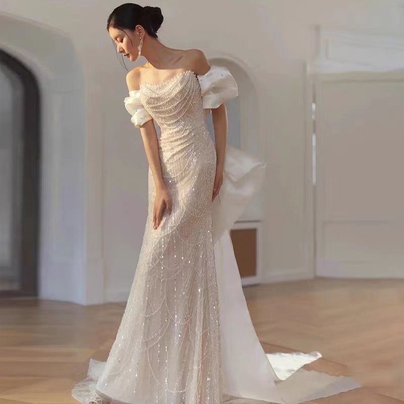 Elegant Pearl-Embellished Off-Shoulder Mermaid Gown Evening Dress
