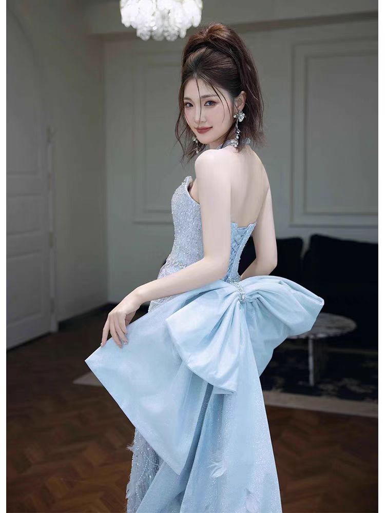 Glamorous Sequined Silver Strapless Bow-Back Evening Dress