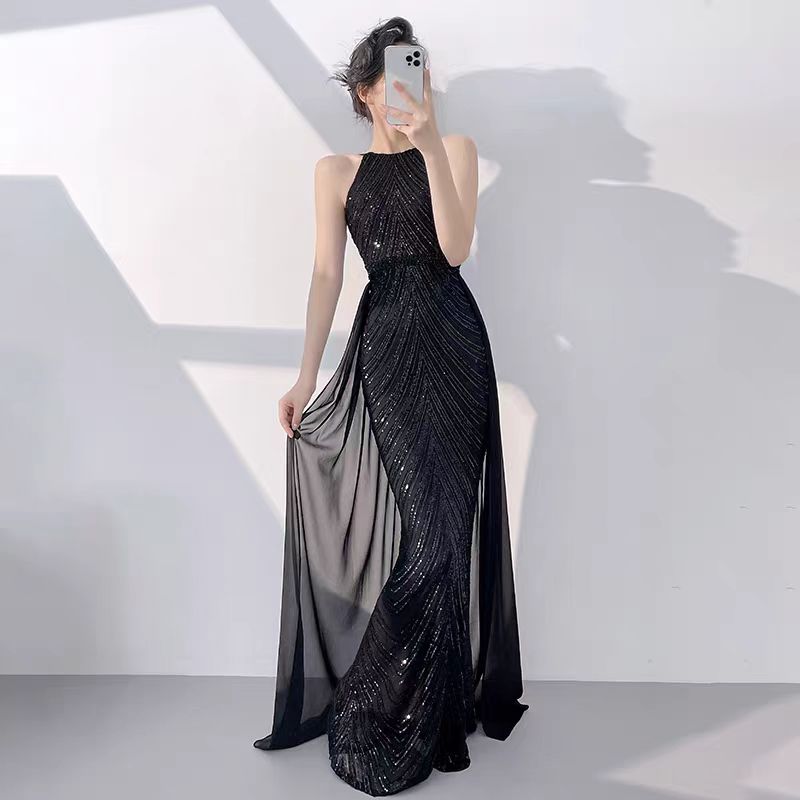 Sleek Black Sequined Halter Neck Mermaid Evening Dress