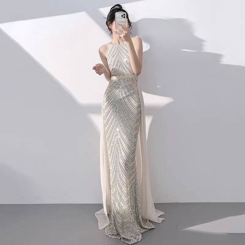Sleek Black Sequined Halter Neck Mermaid Evening Dress
