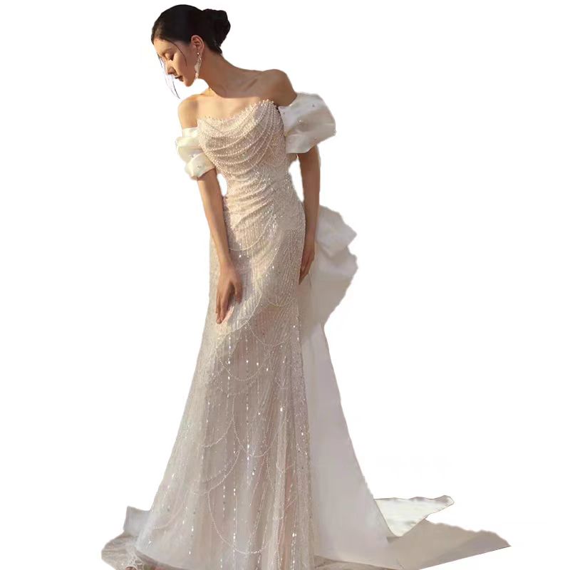 Elegant Pearl-Embellished Off-Shoulder Mermaid Gown Evening Dress