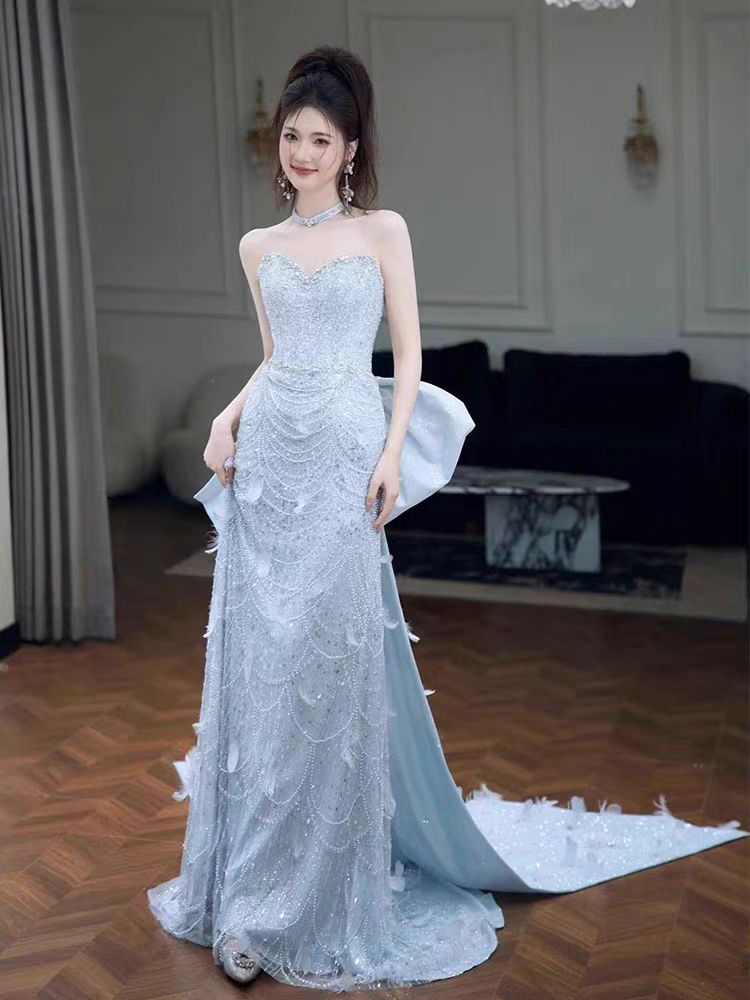 Glamorous Sequined Silver Strapless Bow-Back Evening Dress